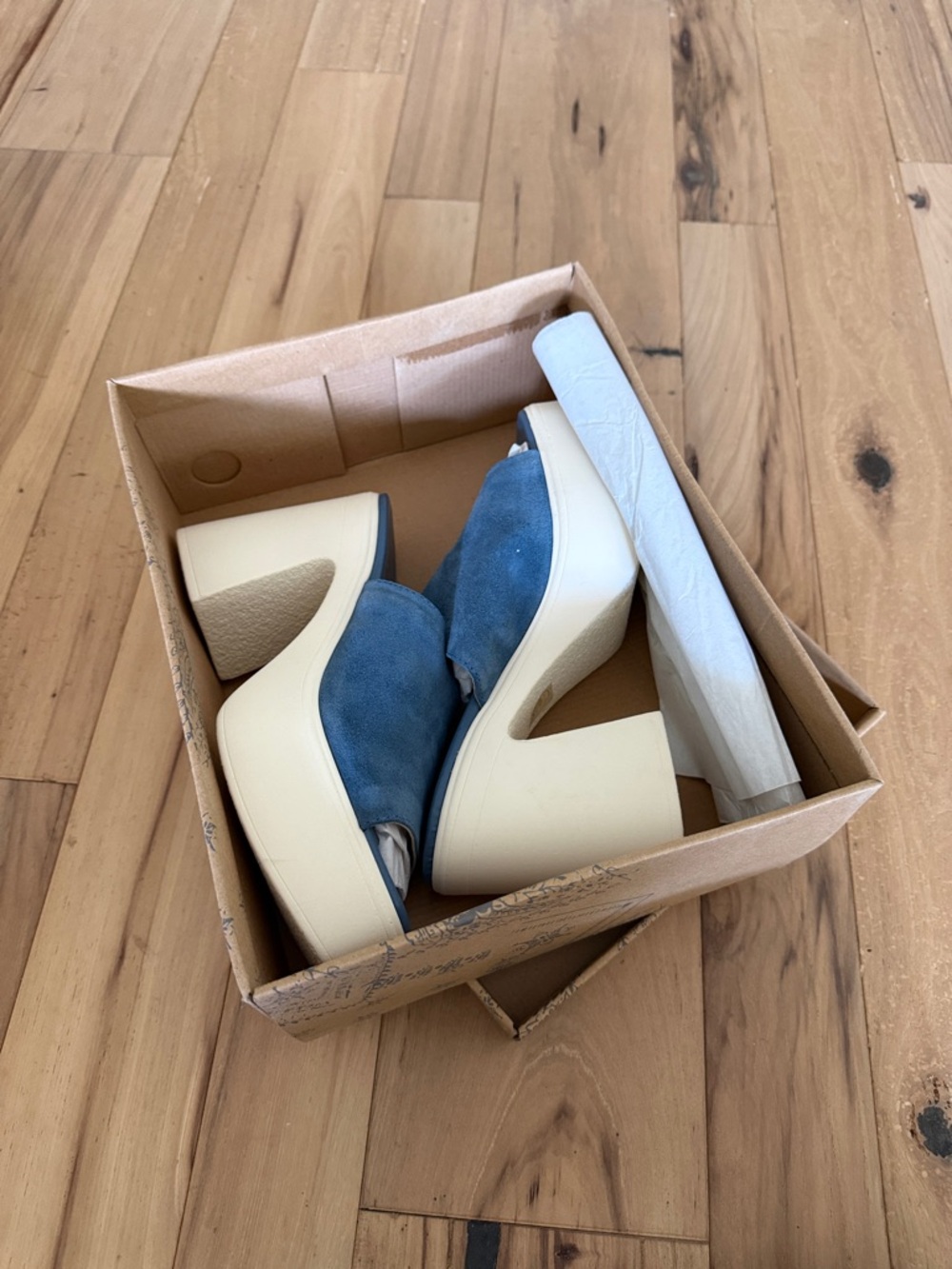 Free People Suede Platform Mules in Blue with Cream Soles